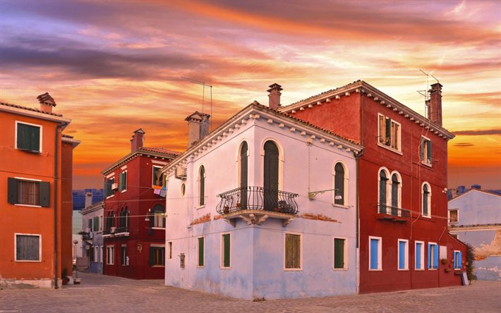 ダウンロード画像 ベネチア ブラーノ Bonsoir Sunset 美しい家 北ベネチアンラグーン ヴェネツィアの街並み ヴェネツィアの島々 イタリア フリー のピクチャを無料デスクトップの壁紙