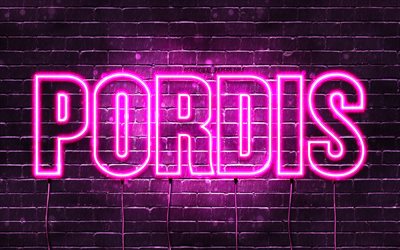Pordis, 4k, fonds d&#39;&#233;cran avec noms, noms f&#233;minins, nom Pordis, n&#233;ons violets, joyeux anniversaire Pordis, pr&#233;noms f&#233;minins islandais populaires, photo avec le nom Pordis