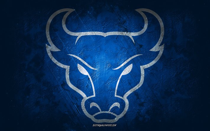 Buffalo Bulls, Amerikan futbol takımı, mavi arka plan, Buffalo Bulls logosu, grunge sanat, NCAA, Amerikan futbolu, ABD, Buffalo Bulls amblemi