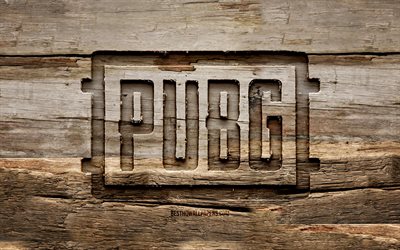 Logotipo do Pubg em madeira, 4K, planos de fundo em madeira, PlayerUnknowns Battlegrounds, marcas de jogos, logotipo do Pubg, criativo, escultura em madeira, Pubg