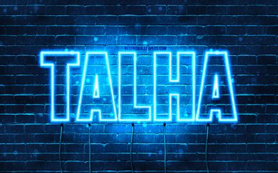 Talha, 4k, fonds d&#39;&#233;cran avec des noms, nom Talha, n&#233;ons bleus, joyeux anniversaire Talha, noms masculins turcs populaires, photo avec nom Talha