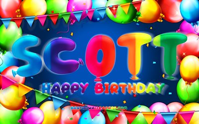 Buon compleanno Scott, 4k, cornice palloncino colorato, nome Scott, sfondo blu, buon compleanno Scott, compleanno Scott, nomi maschili americani popolari, concetto di compleanno, Scott