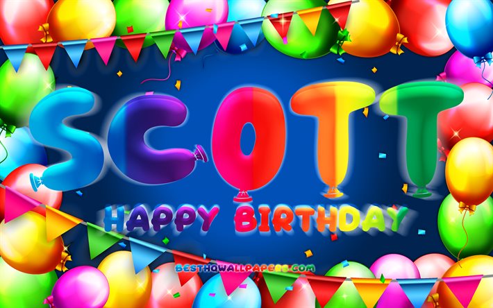 お誕生日おめでとうスコット, 4k, カラフルなバルーンフレーム, スコット, 青い背景, スコットお誕生日おめでとう, スコットの誕生日, 人気のあるアメリカ人男性の名前, 誕生日のコンセプト