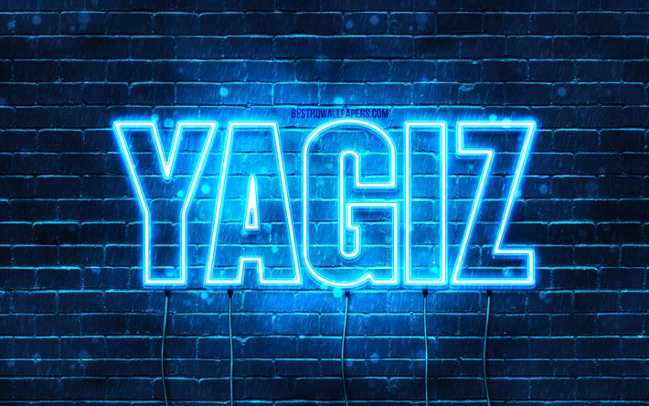 Yagiz, 4k, fonds d&#39;&#233;cran avec des noms, nom Yagiz, n&#233;ons bleus, joyeux anniversaire Yagiz, noms masculins turcs populaires, photo avec nom Yagiz