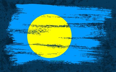 4k, Bandeira de Palau, bandeiras grunge, pa&#237;ses oce&#226;nicos, s&#237;mbolos nacionais, pincelada, bandeira palau, arte grunge, Oceania, Palau