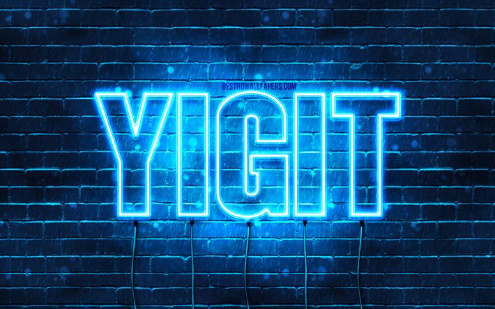 Yigit, 4k, bakgrundsbilder med namn, Yigit namn, bl&#229; neonljus, Grattis p&#229; f&#246;delsedagen Yigit, popul&#228;ra turkiska manliga namn, bild med Yigit namn