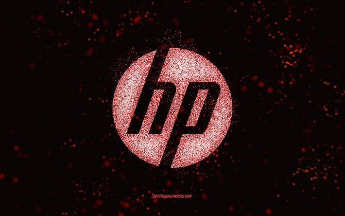 hp glitzer-logo, schwarzer hintergrund, hp-logo, rote glitzer kunst, hp, kreative kunst, hp rot glitzer-logo, hewlett-packard-logo