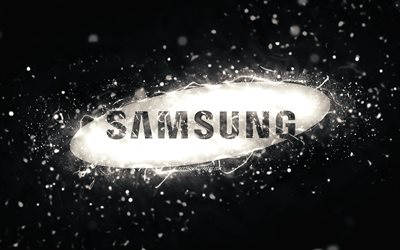Samsung white logo, 4k, white neon lights, creative, black abstract background, Samsung logo, brands, Samsung