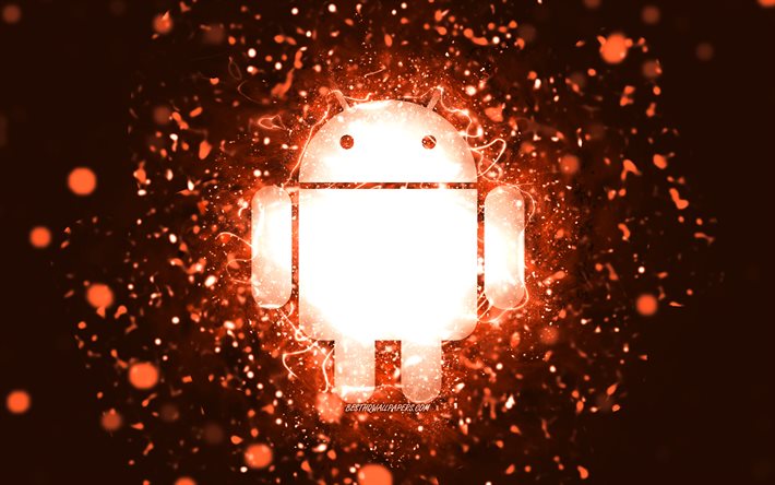 Logotipo laranja android, 4k, luzes de neon laranja, criativo, fundo abstrato laranja, logotipo android, OS, Android