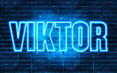 Viktor, 4k, sfondi con nomi, nome Viktor, luci al neon blu, Buon compleanno Viktor, nomi maschili islandesi popolari, immagine con nome Viktor