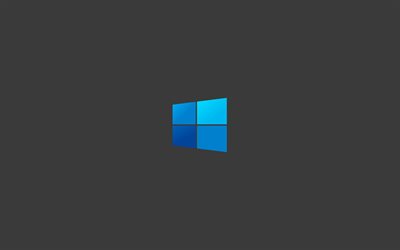 4k, Logo bleu Windows 10, minimalisme, arri&#232;re-plans gris, cr&#233;atifs, syst&#232;mes d’exploitation, logo Windows 10, Windows 10