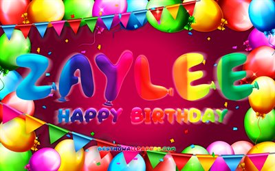 Buon compleanno Zaylee, 4k, cornice palloncino colorata, nome Zaylee, sfondo viola, Zaylee Buon compleanno, Zaylee Compleanno, nomi femminili americani popolari, Concetto di compleanno, Zaylee