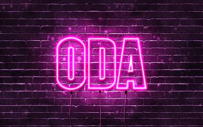 Oda, 4k, pap&#233;is de parede com nomes, nomes femininos, nome Oda, luzes de neon roxas, Happy Birthday Oda, nomes femininos noruegueses populares, foto com nome Oda