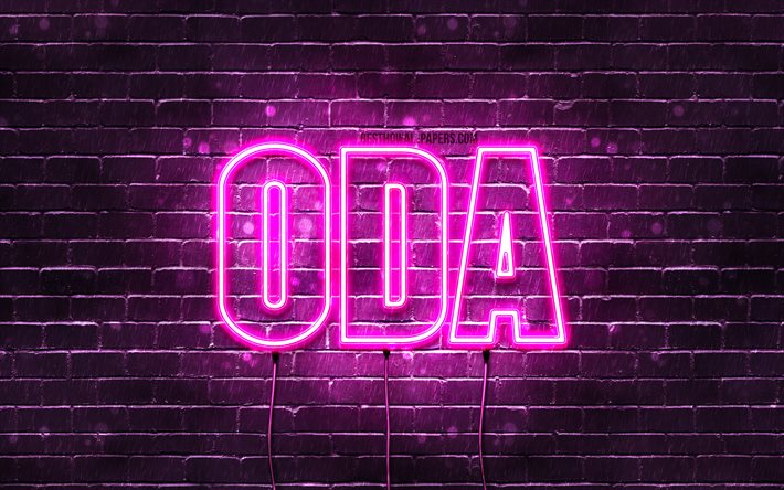 Oda, 4k, fonds d’&#233;cran avec des noms, noms f&#233;minins, nom d’Oda, n&#233;ons violets, Happy Birthday Oda, noms f&#233;minins norv&#233;giens populaires, image avec le nom d’Oda