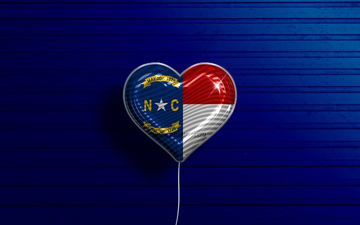 I Love North Carolina, 4k, ballons r&#233;alistes, fond en bois bleu, &#201;tats-Unis d’Am&#233;rique, Coeur de drapeau de la Caroline du Nord, drapeau de la Caroline du Nord, ballon avec le drapeau, &#201;tats am&#233;ricains, Amour Caroline du Nord, Eta