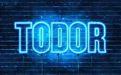 Todor, 4k, fonds d’&#233;cran avec des noms, nom Todor, n&#233;ons bleus, Joyeux anniversaire Todor, noms masculins bulgares populaires, image avec le nom de Todor