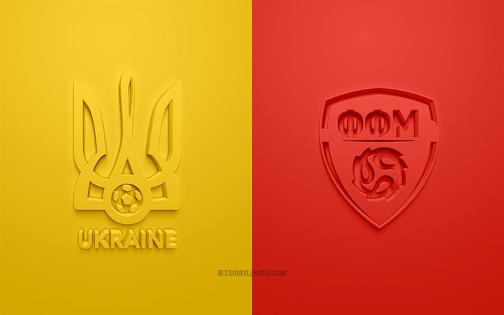 ukraine vs nord-mazedonien, uefa euro 2020, gruppe c, 3d logos, roter hintergrund, euro 2020, fu&#223;ballspiel, ukrainische fu&#223;ballnationalmannschaft, nordmakedonische fu&#223;ballnationalmannschaft