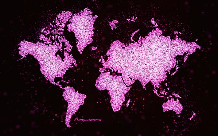 世界のキラキラマップ, 黒の背景, 世界地図, ピンクのキラキラアート, ワールド マップの概念, クリエイティブアート, 世界ピンクマップ, 大陸地図