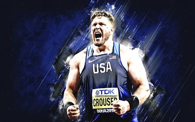 Ryan Crouser, american athlete, American shot putter, Olympic champion, USA, blue stone background, grunge art