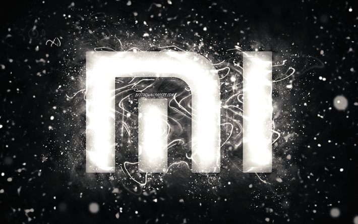 Xiaomi vit logotyp, 4k, vita neonljus, kreativ, svart abstrakt bakgrund, Xiaomi-logotyp, m&#228;rken, Xiaomi