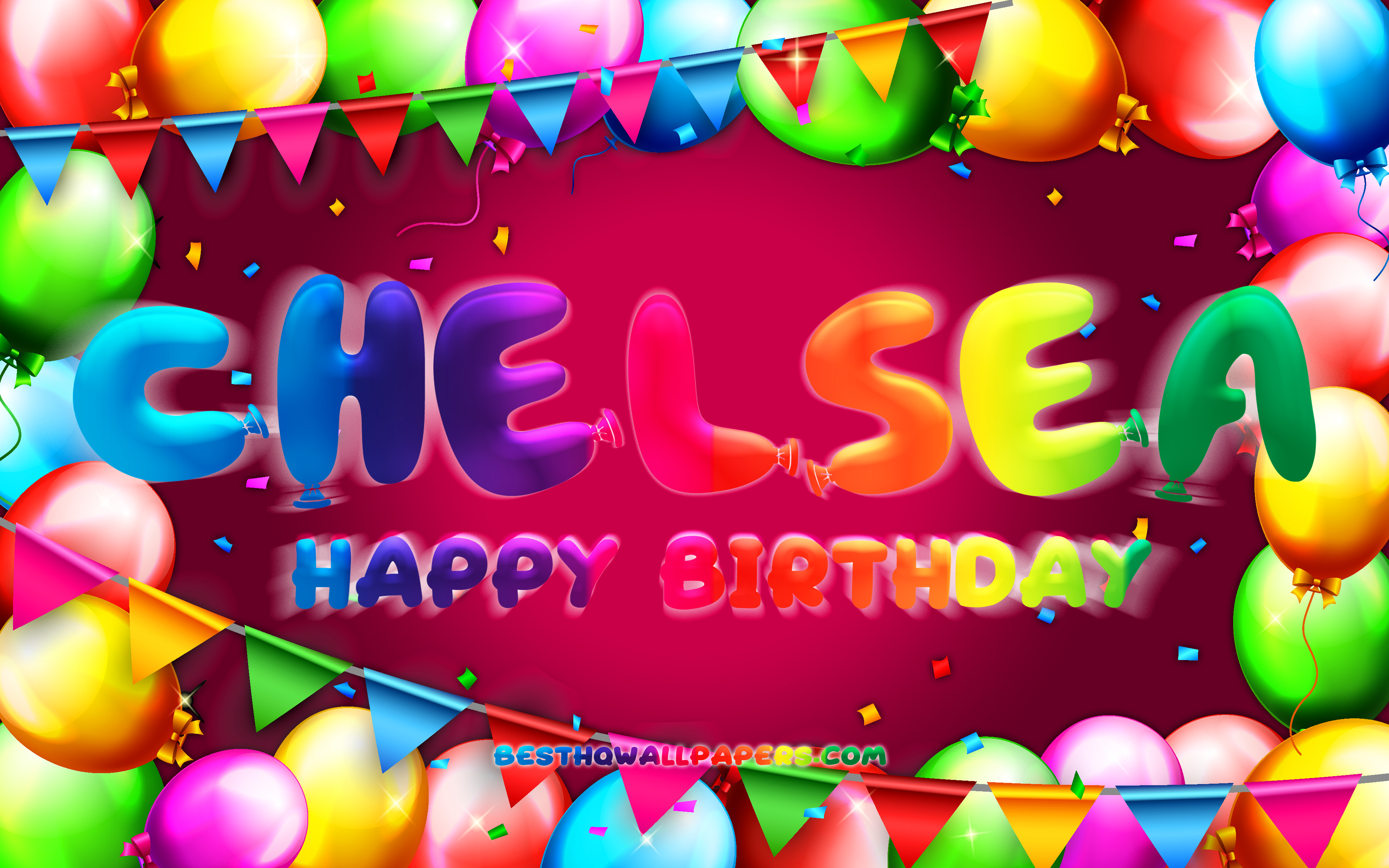 Happy Birthday Chelsea, 4k, colorful balloon frame, Chelsea name, purple ba...