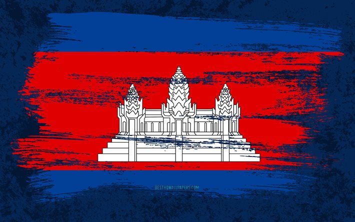 4k, Kambodjas flagga, grungeflaggor, asiatiska l&#228;nder, nationella symboler, penseldrag, kambodjansk flagga, grungekonst, Kambodja flagga, Asien, Kambodja