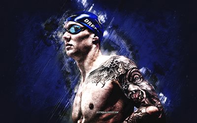 Caeleb Dressel, USA, American swimmer, National Team USA, portrait, blue stone background, grunge art