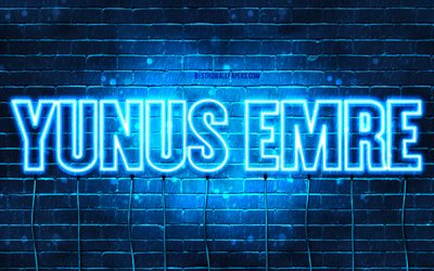 Yunus Emre, 4k, bakgrundsbilder med namn, Yunus Emre namn, bl&#229; neonljus, Grattis p&#229; f&#246;delsedagen Yunus Emre, popul&#228;ra turkiska manliga namn, bild med Yunus Emre namn