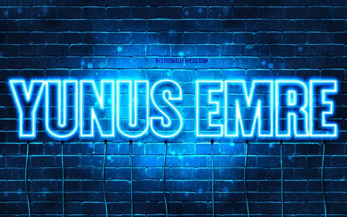 Yunus Emre, 4k, fonds d’&#233;cran avec des noms, Nom Yunus Emre, n&#233;ons bleus, Joyeux anniversaire Yunus Emre, noms masculins turcs populaires, image avec le nom yunus Emre