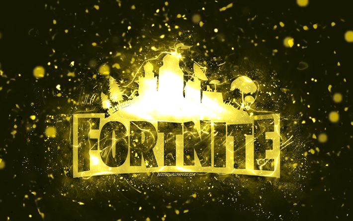 Fortnite yellow logo, 4k, yellow neon lights, creative, yellow abstract background, Fortnite logo, online games, Fortnite