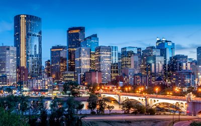 Calgary, arranha-c&#233;us, Centro da Cidade I, noite, p&#244;r do sol, paisagem urbana de Calgary, horizonte de Calgary, Alberta, Canad&#225;