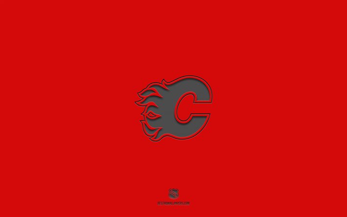 Calgary Flames, r&#246;d bakgrund, kanadensiskt hockeylag, Calgary Flames emblem, NHL, Kanada, USA, hockey, Calgary Flames logotyp