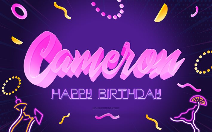 お誕生日おめでとうキャメロン, 4k, 紫のパーティーの背景, キャメロン, クリエイティブアート, ハッピーキャメロンの誕生日, キャメロン名, キャメロンの誕生日, 誕生日パーティーの背景
