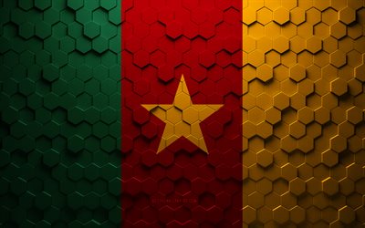 Bandeira de Camar&#245;es, arte de favo de mel, bandeira hex&#225;gona camaronesa, Camar&#245;es, 3d hexagons art, bandeira camaronesa