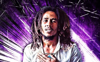 4k, Bob Marley, grunge sanat, Jamaikalı m&#252;zisyen, m&#252;zik yıldızları, Jamaikalı &#252;nl&#252;, menekşe soyut ışınlar, Robert Nesta Marley, Bob Marley 4K