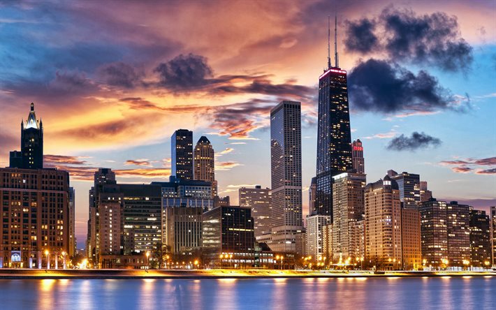 Chicago, Willis Tower, noite, p&#244;r do sol, Chicago Skyline, arranha-c&#233;us de Chicago, edif&#237;cios modernos, Chicago Cityscape, Illinois, EUA