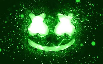 Logo verde Marshmello, 4k, Christopher Comstock, luci al neon verdi, creativo, sfondo astratto verde, DJ Marshmello, logo Marshmello, DJ americani, Marshmello