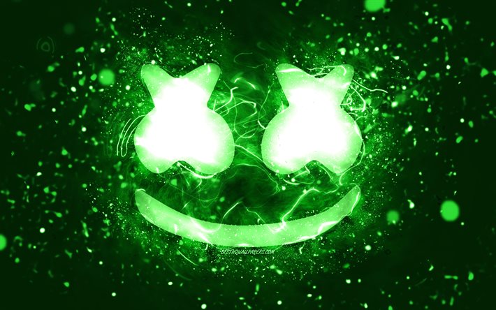 Marshmello yeşil logo, 4k, Christopher Comstock, yeşil neon ışıklar, yaratıcı, yeşil soyut arka plan, DJ Marshmello, Marshmello logosu, Amerikan DJ&#39;ler, Marshmello