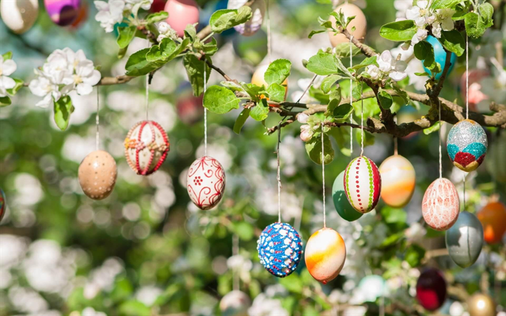uova di pasqua su un ramo, primavera, buona pasqua, uova dipinte, uova di pasqua, alberi primaverili