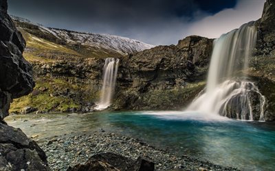 waterfall, evening, rocks, beautiful waterfall, Iceland, mountain stream