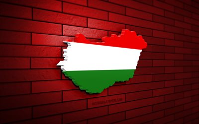 ハンガリーの地図, 4k, 赤レンガの壁, ヨーロッパ諸国, ハンガリーの地図のシルエット, ハンガリーの旗, ヨーロッパ, ハンガリー, ハンガリーの3dマップ