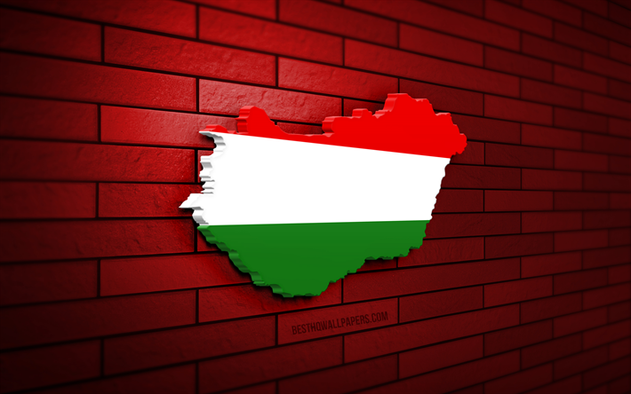 mappa dell ungheria, 4k, muro di mattoni rossi, paesi europei, sagoma della mappa dell ungheria, bandiera dell ungheria, europa, mappa ungherese, bandiera ungherese, ungheria, mappa 3d ungherese