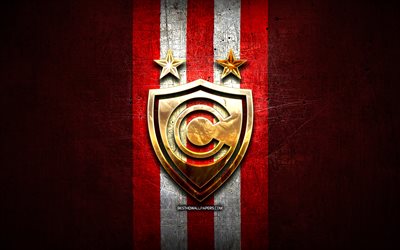 シエンシアーノfc, 金色のロゴ, リーガ1アペルトゥーラ, 赤い金属の背景, フットボール, ペルーのサッカークラブ, csシエンシアーノのロゴ, サッカー, csシエンシアーノ