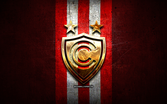 シエンシアーノfc, 金色のロゴ, リーガ1アペルトゥーラ, 赤い金属の背景, フットボール, ペルーのサッカークラブ, csシエンシアーノのロゴ, サッカー, csシエンシアーノ