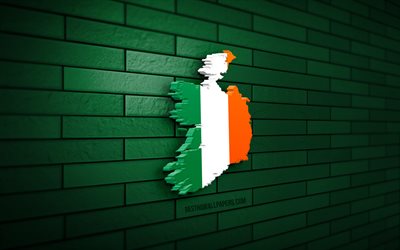 mappa dell irlanda, 4k, muro di mattoni verde, paesi europei, sagoma della mappa dell irlanda, bandiera dell irlanda, europa, mappa irlandese, bandiera irlandese, irlanda, mappa irlandese 3d