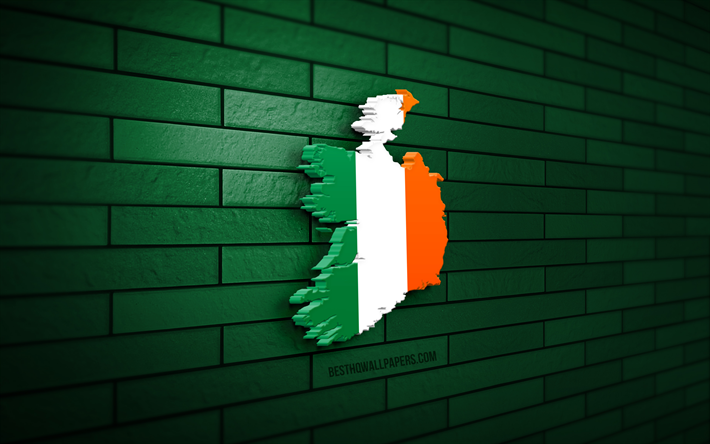 アイルランドの地図, 4k, 緑のレンガの壁, ヨーロッパ諸国, アイルランドの地図のシルエット, アイルランドの旗, ヨーロッパ, アイルランド, アイルランドの3dマップ