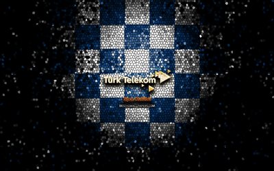turk telekom bk, glitzer-logo, basketbol super ligi, blau-wei&#223; karierter hintergrund, basketball, t&#252;rkisches basketballteam, turk telekom bk-logo, mosaikkunst, t&#252;rkei