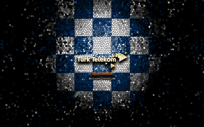 turk telekom bk, logotipo de brillo, basketbol super ligi, fondo a cuadros azul blanco, baloncesto, equipo de baloncesto turco, logotipo de turk telekom bk, arte de mosaico, turqu&#237;a