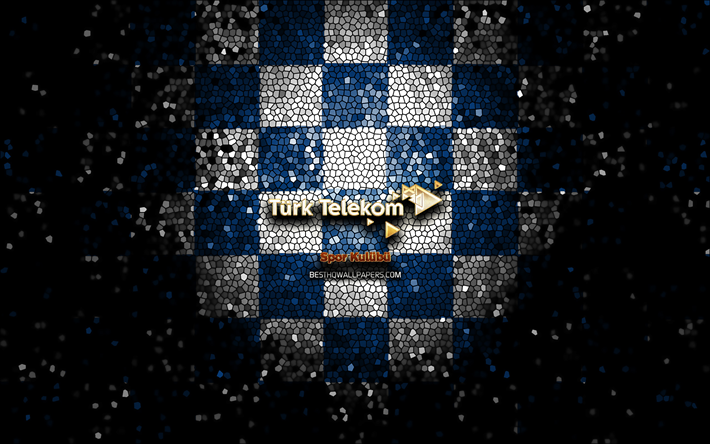 turk telekom bk, glitzer-logo, basketbol super ligi, blau-wei&#223; karierter hintergrund, basketball, t&#252;rkisches basketballteam, turk telekom bk-logo, mosaikkunst, t&#252;rkei