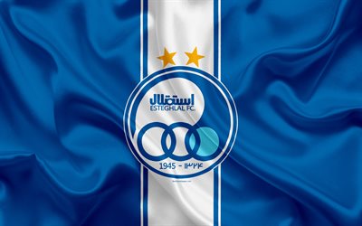 Esteghlal FC, 4k, ipek doku, logo, amblem, mavi ipek bayrak, İranlı Futbol Kul&#252;b&#252;, Tahran, İran, futbol, Pro Basra K&#246;rfezi Ligi